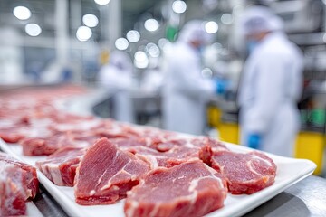 Freshly cut meat pieces on a tray in a modern food processing facility