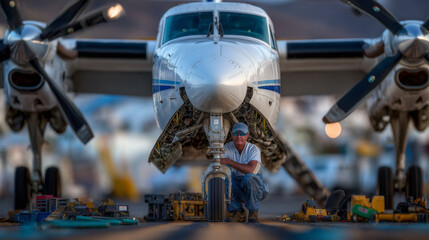 Close-up view of detailed tarmac patchwork, local propeller aircraft waiting, pilot leaning on nose wheel with casual stance, scattered tools nearby, ambient airport lighting