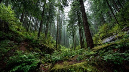 Bright green forest with tall trees and moss creating a peaceful natural landscape