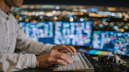 Low-angle shot of developerâs hands typing, screen reader device lights glowing, blurred terminal in background showing test passes and failures