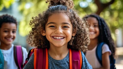 Kids are smiling and playing together in a schoolyard under bright sunlight, showcasing their joy and friendship - Powered by Adobe