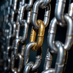 Obraz premium Close-up of a Metal Chain with One Gold Link silver