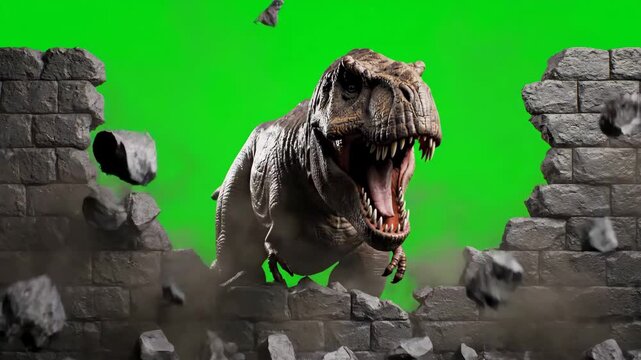 Dinosaur breaking through wall with green screen background