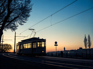 Vintage Tram at Sunset Cityscape