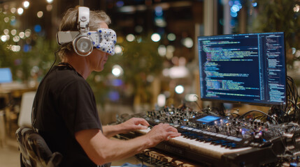 Focused shot of visually impaired developer interacting with braille screen and keyboard, headphones on, terminal output of test logs blurred in background with warm ambient lighti