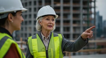 Two construction workers in white hardhats and vests on a construction site. One is pointing and giving direction to the other person.