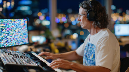 Focused shot of visually impaired developer interacting with braille screen and keyboard, headphones on, terminal output of test logs blurred in background with warm ambient lighti