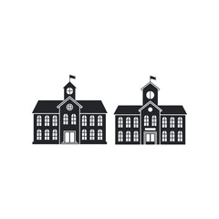 Two black silhouette school buildings with flags and clock towers architecture education