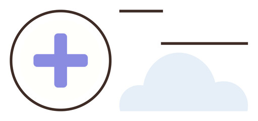 Purple medical cross in a circle, light blue cloud, and horizontal lines. Ideal for healthcare, technology, cloud storage, wellness, medical innovation telemedicine and future concepts. Simple flat