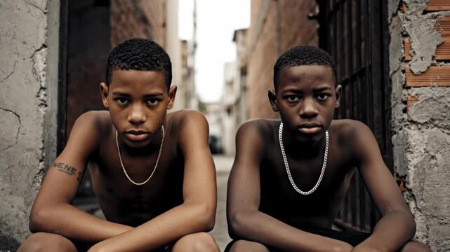 Urban youth portrait of two young boys in narrow alleyway with intense expressions