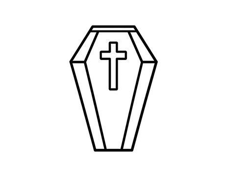 Simple line art icon of a coffin with a Christian cross, representing themes of death, funeral, and mourning. Minimalist vector illustration for concepts of grief, burial, and the afterlife - Powered by Adobe
