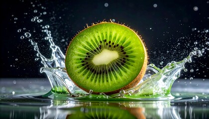 A vibrant kiwi slice, suspended in a dramatic water splash, showcases its freshness and juicy texture against a dark backdrop.