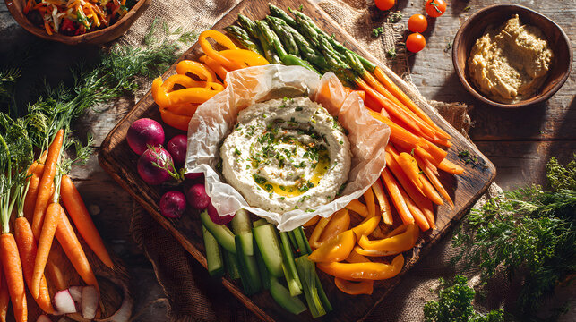 Fresh vegetable platter hummus dip carrot celery cucumber bell pepper radish asparagus cherry tomato