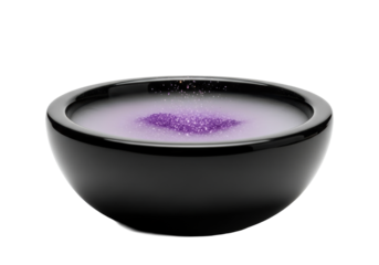 Polished obsidian basin with shimmering amethyst dust, rising translucent mist and iridescent light motes, against a transparent background, studio cinematic lighting, concept of ancient magic and