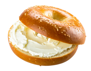  Angled Side Perspective of Toasted Bagel with Cream Cheese Swirls, Isolated