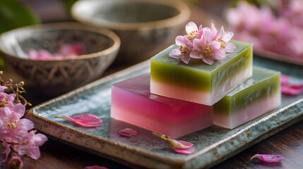 Layered jelly floral garnish green dessert pink dessert pastel color sweet treat Asian snack elegant plating serene mood soft light