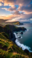 A breathtaking coastal vista displays dramatic cliffs, a rocky beach, and a dramatic sky filled with fluffy clouds at sunrise.