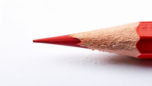 sharpened red pencil tip closeup on white background