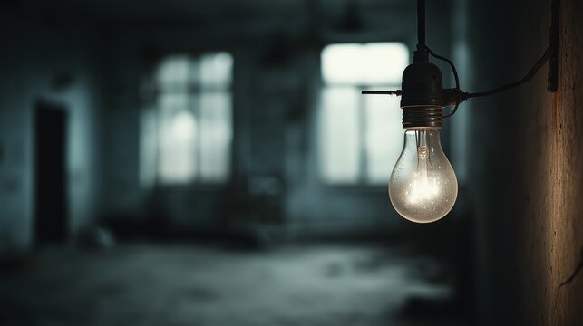 Single hanging bulb illuminates dusty, abandoned room, casting soft glow in dimly lit space. atmosphere is eerie yet intriguing, highlighting bulb simplicity
