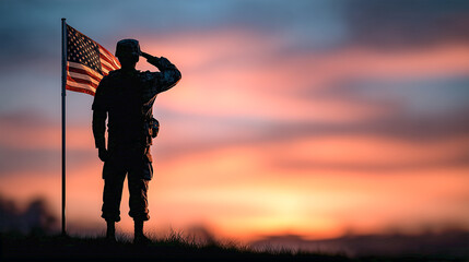 Silhouette of american soldier saluting the flag at sunrise symbolizing patriotism and military service