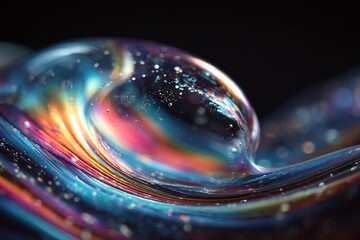 Abstract fluid art with iridescent colors and a bubble-like shape.