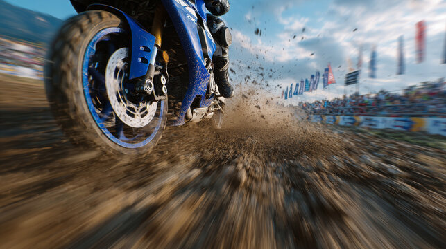 Side close-up of motorcycle rear wheel at full throttle, spinning rubber creating cloud of dust, finish line banner and blurred audience in distance - Powered by Adobe