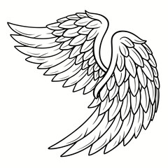 Detailed illustration of a pair of white angel wings with layered feathers,  Elegant and symmetrical design vector illustration of coloring page black and white