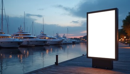 Blank digital billboard stands on wooden dock in marina at dusk. Luxury yachts docked in background. Premium outdoor advertising space for branding promotions. High-end, elegant display for corporate