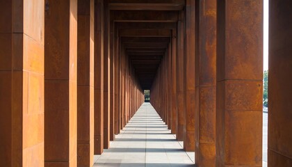 Fototapeta premium A long, rust-colored colonnade creates a perspective-based pathway, showcasing architectural lines and the interplay of light and shadow.