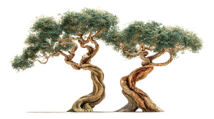 Two gnarled olive trees with twisted trunks isolated on transparent background.