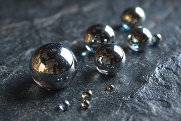 Several shiny metal spheres are scattered on a textured gray surface.