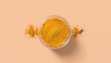 A vibrant close-up of a bowl of turmeric powder, capturing the essence of a culinary delight, its bright yellow hue, a staple in culinary practices, offers a tantalizing view.