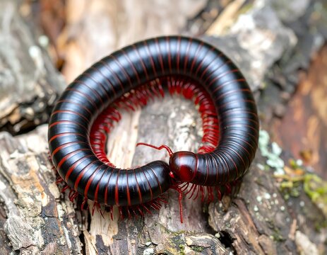 Close-up of a millipede coiled on wood