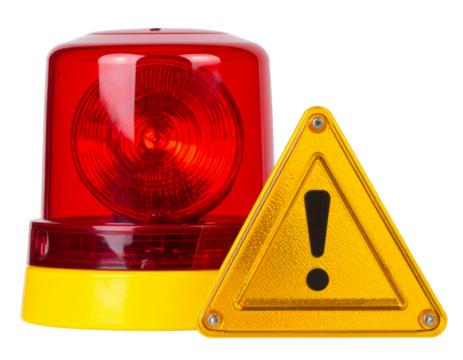 Angled Side View of Flashing Red Warning Light with Yellow Caution Symbol, PNG