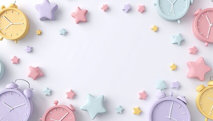 Pastel clocks and stars on white background