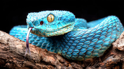 Vibrant blue pit viper snake macro detail eyes tongue reptile wildlife photography