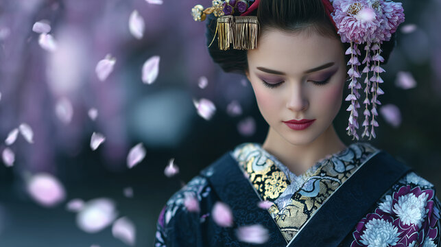 Geisha with elaborately styled hair and kanzashi hairpins, serene expression, cherry blossom petals drifting in foreground and background, cinematic soft-focus effect