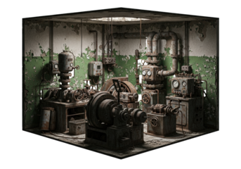 Aged, decrepit room with peeling green walls and rusty, obsolete industrial machinery, dramatically lit, isolated on transparent background, concept of utilitarian decay