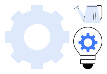 Gear symbolizing mechanism, watering can for growth, and lightbulb for ideas. Ideal for innovation, teamwork, creativity, growth, problem-solving strategy inspiration. Simple flat metaphor