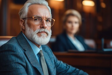 Focused Senior Man Dressed Formally Sitting Inside a Wooden Courtroom in Legal Trial