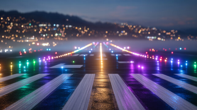Low-angle shot along illuminated runway, colorful LED lights reflected on wet tarmac, subtle mist, cinematic night atmosphere