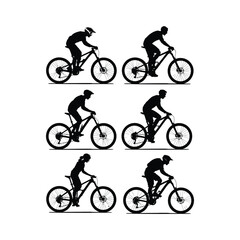 Black and white silhouette illustration of mountain biking scenes with riders and detailed bicycles arranged in two horizontal rows
