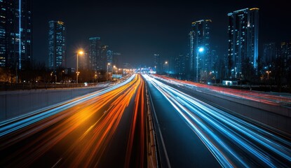 Naklejka premium Night cityscape highway with blurred motion trails