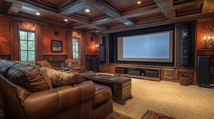 Create a home theater experience tiered seating design in a cozy tv room environment