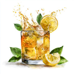 Refreshing iced tea splash with lemon slices and mint leaves watercolor style