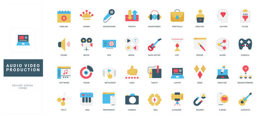 Audio and video content production, digital media product and devices color icon set. Camera and ebook, tablet and laptop, software for authors portfolio and viral blog flat vector illustration