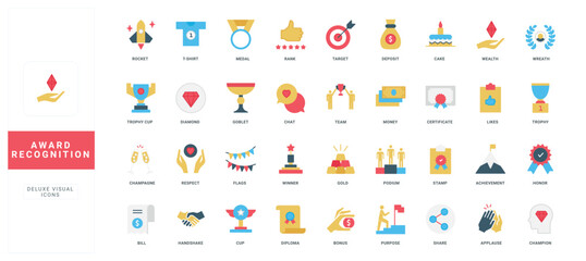 Award of success victory recognition, trophy of business and sport achievement color icon set. Money and diploma of champion for first place, handshake of respect and applause flat vector illustration