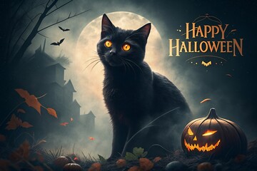 Mysterious black cat with glowing eyes and jack o lantern under full moon