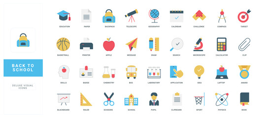 Back to school, tools of student and class lesson, skills development training color icon set. physics and chemistry, geography and sports, book of library and bus, knowledge flat vector illustration