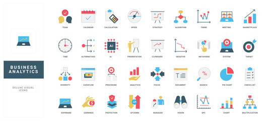 Business analytics, analyst tools and software for trend information analysis, charts report and statistics color icon set. Business presentation and managers vision, research flat vector illustration